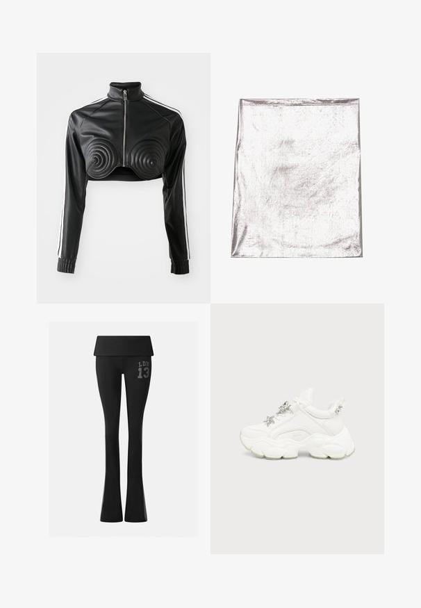 Black cropped jacket made of faux leather, featuring spiral-shaped padded accents on the bust, zip front, and white side stripes on sleeves.; Metallic silver fabric with a smooth texture and slight sheen. Rectangular shape, edges neatly stitched, no prominent patterns or accents.; Black high-waist flare pants with fold-over waistband, featuring "LDN 13" printed in gray on the upper thigh.; White chunky sneaker with thick textured sole, silver star and butterfly decorations on white laces, and silver studs on heel tab.
