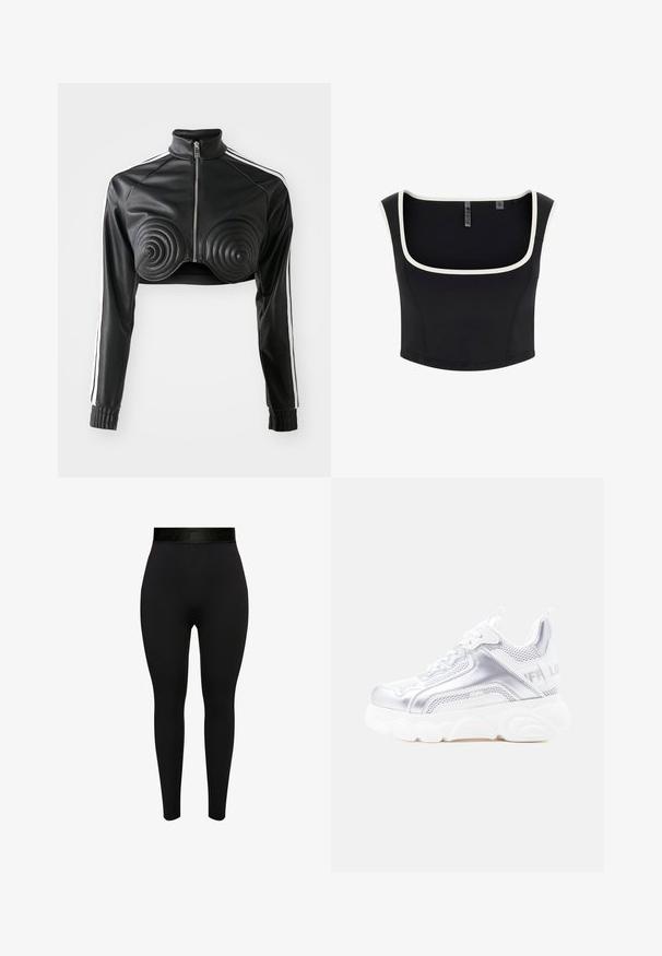 Schwarze, kürzere Jacke aus Kunstleder, mit spiralförmigen gepolsterten Akzenten auf der Brust, durchgehendem Reißverschluss und weißen Seitenstreifen an den Ärmeln.; Schwarzes ärmelloses Cropped-Top mit weißem Besatz entlang des quadratischen Ausschnitts und der Armlöcher, Größe Small gekennzeichnet.; Schwarze Leggings aus elastischem Material, mit einem hohen, elastischen Bund und subtiler Markenkennzeichnung. Glatte Textur, figurbetonendes Design.; Weißer und silberner klobiger Sneaker mit dicker, strukturierter Sohle, Mesh- und synthetischen Einsätzen, abgerundetem Zehenbereich und Zuglasche an der Ferse.