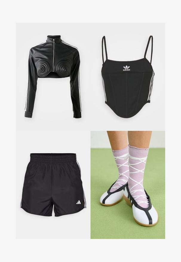 Sort cropped jakke lavet af kunstlæder, med spiralformede polstrede detaljer på brystet, lynlås foran og hvide sidestriber på ærmerne.; Sort ribbet crop top med justerbare tynde stropper, der har tre hvide striber på siderne og et lille hvidt Adidas-logo i midten.; Sort atletiske shorts med elastisk talje, sideslids og hvide tre-stribes detaljer. Har et lille hvidt logo nederst til højre.; Ben iført ribbet lilla sokker med hvide krydsede stropper kombineret med hvide balletsko med sort kant på grøn gulv.