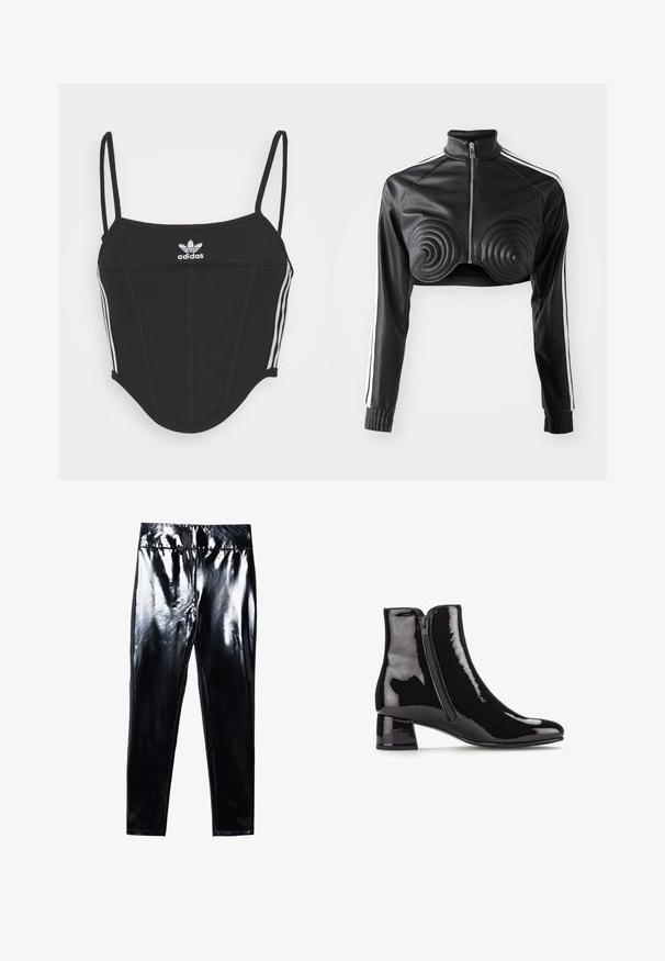 Schwarze, kürzere Jacke aus Kunstleder, mit spiralförmigen gepolsterten Akzenten auf der Brust, durchgehendem Reißverschluss und weißen Seitenstreifen an den Ärmeln.; Schwarzes, geripptes Crop Top mit verstellbaren dünnen Trägern, das drei weiße Streifen an den Seiten und ein kleines weißes Adidas-Logo in der Mitte aufweist.; Schwarze, hochglänzende Leggings mit glatter, glänzender Oberfläche. Elastischer Bund und figurbetontes Design mit schmal zulaufendem Bein.; Schwarze Lackleder-Stiefeletten mit spitzem Zehenbereich, seitlichem Reißverschluss und Blockabsatz. Glatte Textur mit hochglänzender Oberfläche.