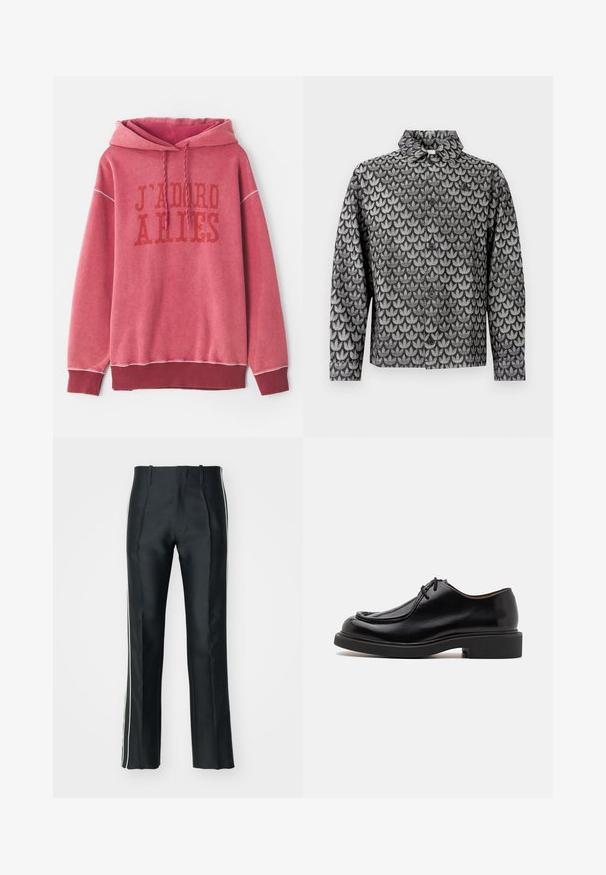 Chaqueta de botones en negro y gris con un patrón geométrico de hojas y mangas largas, mostrada sobre un fondo blanco liso.; Sudadera roja con capucha, con texto impreso "J'ADORE ARIES" en rojo más oscuro. Puños y dobladillo de canalé con un tejido suave y texturizado.; Pantalones de satén negros con corte ajustado, que presentan franjas laterales blancas. Diseñados con una pierna acampanada y pliegues frontales para un detalle adicional.; Zapato de cuero negro con punta redondeada, detalles de costura, cordones mínimos y suela de goma gruesa para tracción y durabilidad.