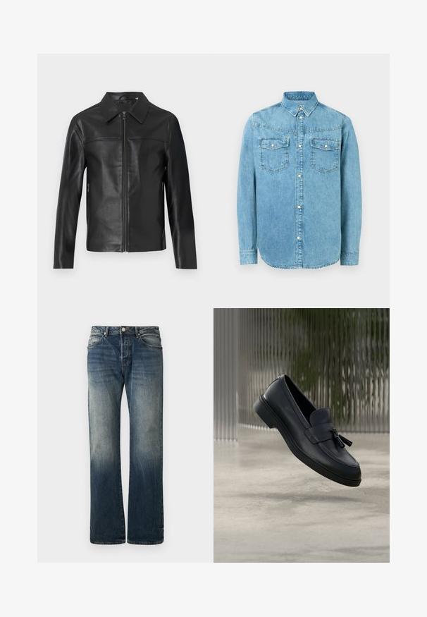 Zwarte leren jas met lange mouwen, ritssluiting aan de voorkant en puntige kraag, weergegeven tegen een witte achtergrond.; Lichtblauwe denim overhemd met een button-down kraag, twee borstzakken en zilveren knoopaccenten. Heeft lange mouwen en een ronde zoom.; Donkerblauwe wijde spijkerbroek van denim. Kenmerkt zich door vervaagde details, een traditionele vijf-pocketontwerp en een metalen knoopsluiting bij de taille.; Zwarte leren loafers met een gladde textuur, een afgeronde neus en decoratieve kwastjes aan de voorkant. Flexibele rubberen zool met lage hak.