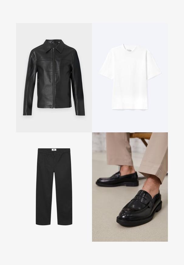 Sort læderjakke med lange ærmer, frontlynlås og spidse krave, vist mod en hvid baggrund.; Enkel hvid T-shirt med korte ærmer og rund hals med afslappet pasform, vist på en lys baggrund.; Sorte chinos lavet af glat bomuldsstof. Har en knaplukning, forlommer og et lige ben-design med rene kanter.; Sorte lædermokkasiner med en glat overflade, der har en dekorativ rem og kontraststing, parret med beige bukser.