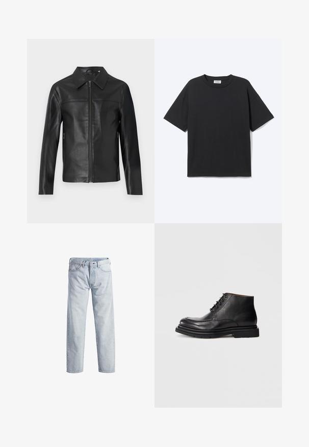 Schwarze Lederjacke mit langen Ärmeln, Vorderreißverschluss und spitzem Kragen, vor einem weißen Hintergrund präsentiert.; Schwarzes T-Shirt mit kurzen Ärmeln und Rundhalsausschnitt in lockerer Passform, Vorderansicht, schlichtes Design und sichtbares Weekday-Label im Krageninneren.; Hellblaue Denim-Jeans mit geradem Bein, Knopfleiste, fünf Taschen und subtilen Verwaschungen. Mit metallischen Hardware-Details ausgestattet.; Schwarze Leder-Stiefelette mit Schnürverschluss, runder Spitze und dicker Gummisohle vor einem schlichten weißen Hintergrund.