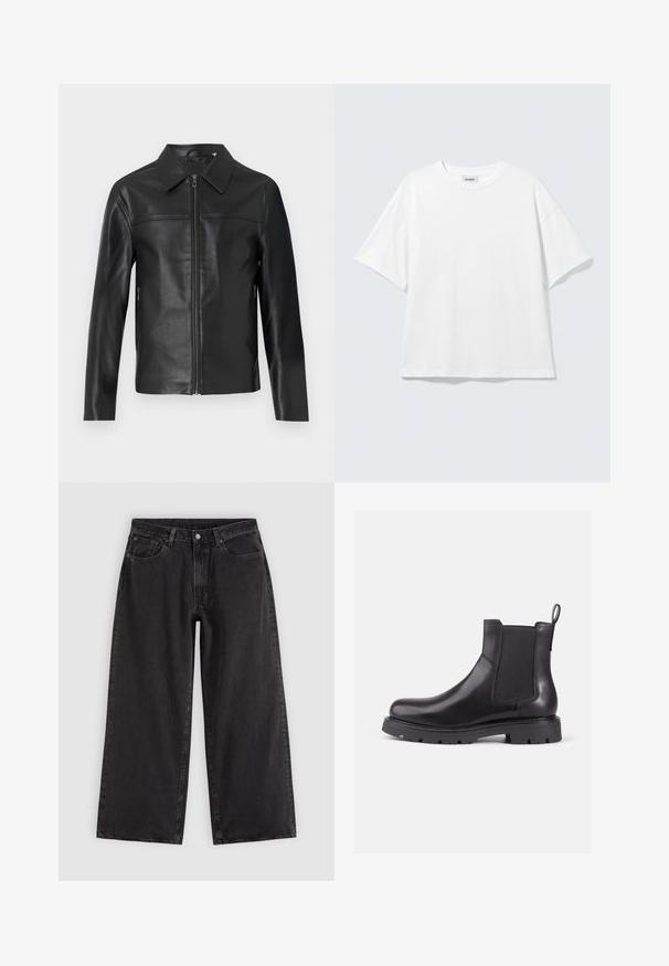 Zwarte leren jas met lange mouwen, ritssluiting aan de voorkant en puntige kraag, weergegeven tegen een witte achtergrond.; Witte oversized T-shirt met korte mouwen, ronde hals en verlaagde schouders, plat op een lichtgrijze achtergrond.; Zwarte wijde spijkerbroek met voorzakken, riemlussen en knoopsluiting, getoond op een effen lichte achtergrond.; Zwarte leren Chelsea-boots met elastische zijpanelen, ronde neus en gestructureerde rubberen zool. Voorzien van een achterste trekflap voor gemakkelijk aan- en uittrekken.