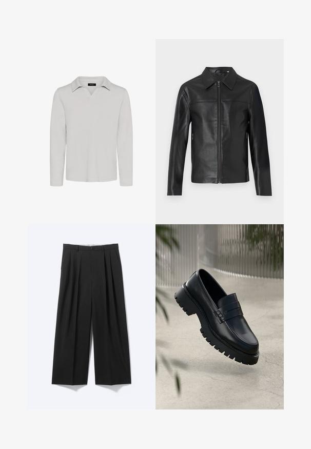 Sort læderjakke med lange ærmer, frontlynlås og spidse krave, vist mod en hvid baggrund.; Matinique MAV - Poloshirts - lunar rock; Sorte bukser med vide ben, forplisser, bæltestropper og knaplukning vist på en ensartet lys baggrund.; Sorte læder loafers med en chunky sål, der har en dekorativ rem og syninger. Glat tekstur med en poleret overflade.