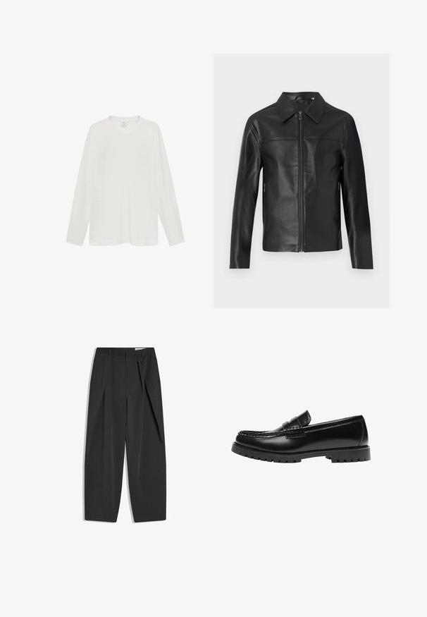 Zwarte leren jas met lange mouwen, ritssluiting aan de voorkant en puntige kraag, weergegeven tegen een witte achtergrond.; Witte longsleeve t-shirt, gemaakt van zachte stof, ronde halslijn, ontspannen pasvorm, minimalistisch ontwerp, geen zichtbare logo's of patronen.; Zwarte, op maat gemaakte, high-waist broek met plooien, riemlussen en een rechte pijpen, plat uitgestald op een witte achtergrond.; Zwarte leren loafer met een dikke rubberen zool en klassieke penny-strap details, gezien vanaf de buitenkant.