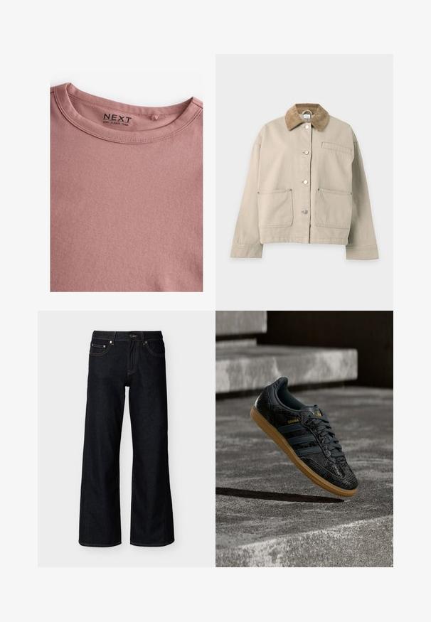 Chaqueta beige con botones, cuello de pana marrón, dos grandes bolsillos delanteros, un bolsillo en el pecho y mangas largas, mostrada sobre un fondo blanco.; Camiseta de manga larga en color rosa polvoriento, hecha de algodón suave, con un sencillo cuello redondo y una textura lisa. La etiqueta dice "NEXT."; Vaqueros de mezclilla azul oscuro de pierna ancha con botón frontal, cremallera y estilo de cinco bolsillos sobre un fondo claro liso.; Zapatilla negra Adidas Samba con patrón texturizado, suela de goma y logo dorado, posicionada en el aire sobre escalones de hormigón.
