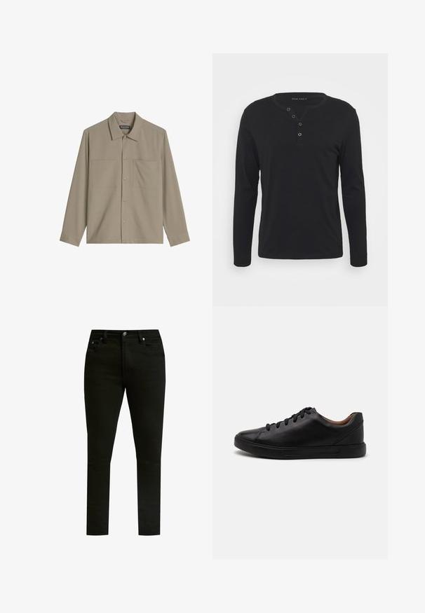Beige langärmelige Hemdjacke mit vorderen Druckknöpfen, zwei Brusttaschen und spitzem Kragen, flach auf weißem Hintergrund ausgelegt.; Schwarzes Langarm-Henley-Shirt aus weichem Stoff, mit knöpfbarer Leiste, rundem Ausschnitt und enganliegenden Ärmeln.; Schwarze Jeans aus Denim mit schmaler Passform, klassischem Fünf-Taschen-Design, Metallknopfverschluss und dezenten Nähdetails.; Schwarze Leder-Sneaker mit glatter Oberfläche, runder Zehenform und Schnürung mit sechs Ösen; ausgestattet mit einer schwarzen Gummisohle für Halt.
