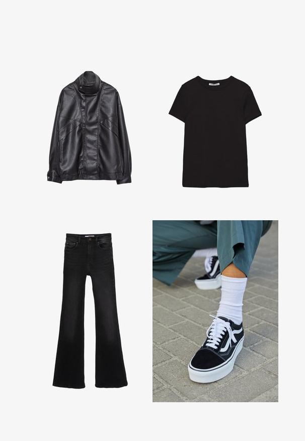 Veste en cuir noir avec col haut et bouton-pression, poches zippées sur les côtés, et coutures détaillées à l'avant et sur les manches.; T-shirt noir en coton à manches courtes avec encolure ronde, coupe standard et étiquette intérieure visible au niveau du col.; Jean en denim noir taille haute avec jambes évasées larges, bouton à l'avant, fermeture éclair, et style cinq poches.; Baskets en suède noir avec des accents et des lacets blancs, présentant une épaisse semelle blanche et des coutures contrastantes, associées à une chaussette blanche.