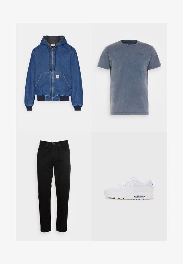 Carhartt WIP ACTIVE JACKET - Spijkerjas - blue stone washed; Blauwe katoenen T-shirt met een ronde halslijn en korte mouwen. Bevat een subtiele logo op de borst en een licht gestructureerde afwerking.; Zwarte slim-fit jeans met een knoopsluiting aan de voorkant en een vijf-pocket ontwerp, weergegeven tegen een effen lichtgrijze achtergrond.; Witte lage sneaker met zichtbare luchtvering, veterluiting en blauwe logodetails op de hiel en tong, weergegeven van de zijkant.