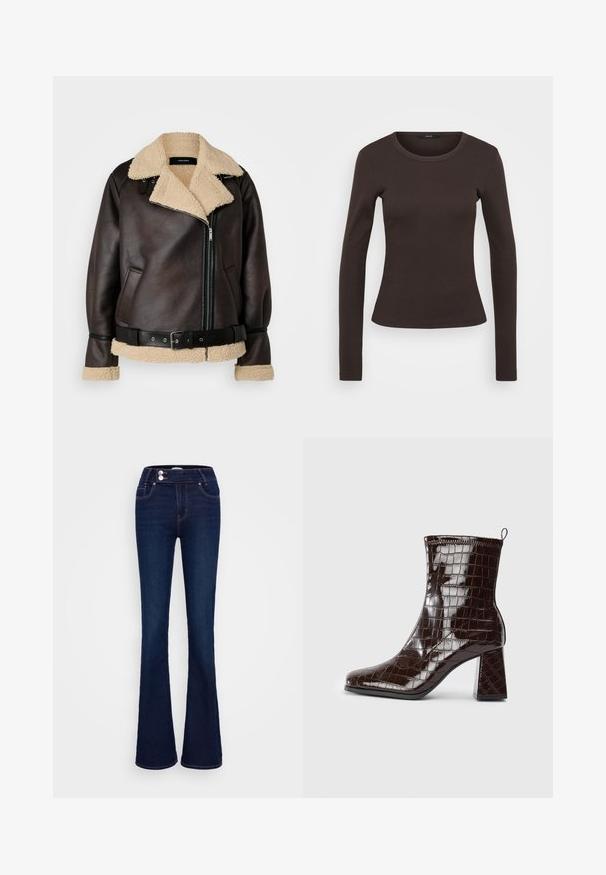 Vero Moda Tall VMJOANNA JACKET - Chaqueta de cuero sintético - chocolate torte/silver mink; Camiseta de manga larga color marrón hecha de tela acanalada, con un cuello redondo y una silueta ajustada.; Vaqueros azules oscuros acampanados hechos de mezclilla, con cintura alta, dos bolsillos delanteros y cierre de cremallera y botón con costuras en contraste.; Botín de tobillo de charol marrón oscuro con textura de cocodrilo, tacón cuadrado y asa en la parte posterior, sobre fondo blanco.