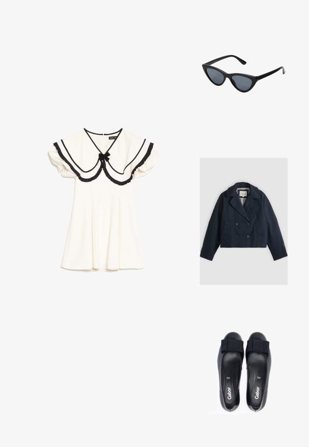 Veste courte bleu marine à double boutonnage avec large col, fermetures par boutons, poches avant inclinées et doublure intérieure à carreaux.; Robe crème avec col oversize bordé de noir, bords à volants noirs, manches courtes bouffantes et petit nœud noir au niveau de l'encolure.; Ballerines noires Gabor avec des sangles élastiques, en cuir lisse, à bout rond et avec un rembourrage intérieur doux. Taille marquée comme 41/2.; Lunettes de soleil noires en forme d'œil de chat avec des verres gris foncé, monture en plastique élégante, coins pointus et branches droites. Pas de métal visible ni d'accents.