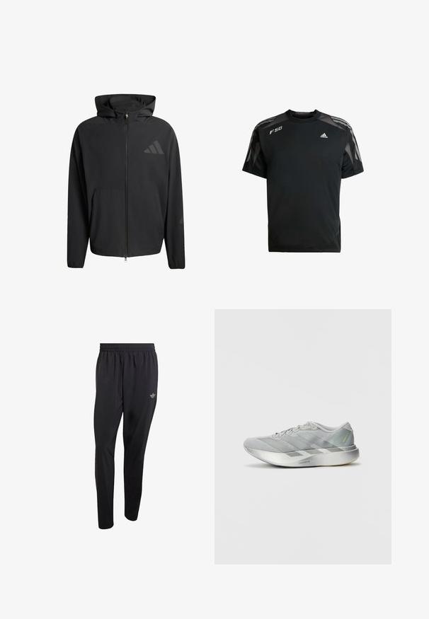 Sort lynlåset hættetrøje med en glat tekstur. Har en frontlomme og diskrete logo accenter på brystet og ærmet.; Sort atletisk T-shirt lavet af letvægtsstof, med mesh skulderpaneler, korte ærmer og hvide adidas og F50 logoer.; Sorte atletikbukser lavet af letvægtsmateriale med elastisk taljebånd og et lille præget logo på det øverste venstre benområde.; Letvægts grå atletiksko med et slankt design, der har en tekstureret overflade, tre diagonale striber og en reflekterende sølvsål.