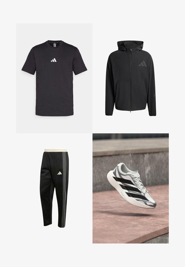 Zwarte rits hoodie met een gladde textuur. Voorzien van een voorzak en subtiele logo-accenten op de borst en mouw.; Zwarte katoenen T-shirt met korte mouwen, voorzien van een wit Adidas-logo op de borst. Klassiek ontwerp met ronde hals.; Zwarte sportbroek met witte driedubbele strepen aan de zijkant, ritszak en een wit Adidas-logo op de dij.; Witte en grijze hardloopschoen met zwarte strepen, zwevend boven een rozeachtig betonnen oppervlak vlakbij een grijze stenen muur.