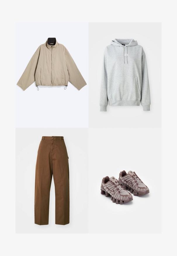Chaqueta beige con cremallera, mangas largas y anchas, dos bolsillos laterales, cuello alto con forro interior negro y cordones ajustables en el dobladillo.; Sudadera gris clara con bolsillo tipo canguro en el frente, capucha con cordón, puños acanalados y pequeño logo blanco de "The North Face" en el pecho.; Pantalones marrones de pierna ancha, hechos de una tela resistente, con cierre de botón y bolsillos laterales. Textura suave y corte recto.; Nike Sportswear SHOX TL - Zapatillas - pumice/night maroon/plum eclipse
