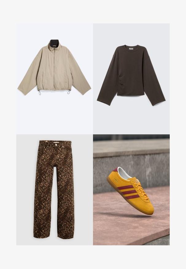 Beige jakke med lynlås, lange brede ærmer, to sidelommer, høj krave med sort indvendig foring og justerbare snore forneden.; Mørkebrun langærmet crew neck-shirt med løs pasform og let krøllet på den ene side, vist på en ensartet lys baggrund.; Bordeaux og tan leopardprint brede benjeans. Fremstillet af denim, med et klassisk fem-lomme design og metalhardwaredetaljer.; Gul ruskindssneaker med røde striber, flad sål og polstret krave; har snørelukning og mærketag.