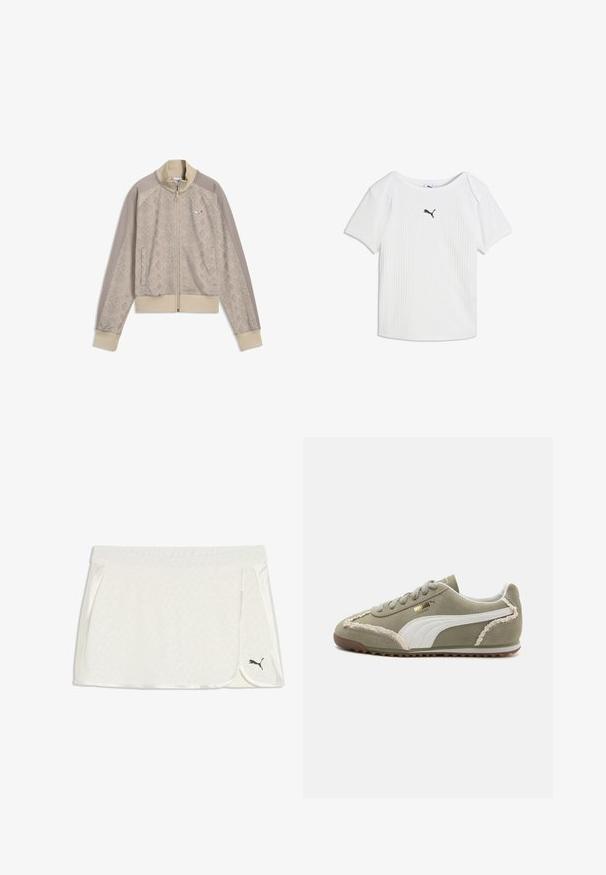 Chaqueta beige con cremallera con estampado de piel de serpiente, mangas lisas, puños y dobladillo acanalados y un pequeño logo de Puma en el pecho.; Camiseta blanca acanalada de manga corta con escote redondo y un pequeño logo negro de Puma en el centro del pecho.; Falda deportiva blanca tipo pareo con patrón sutil, logotipo negro de Puma en el bajo derecho, cinturilla ancha y solapa frontal curvada.; Zapatillas de ante verde con acentos de cuero blanco, costuras texturizadas, parte frontal con cordones y suela de goma. Presenta detalles de diseño únicos a lo largo de los lados.