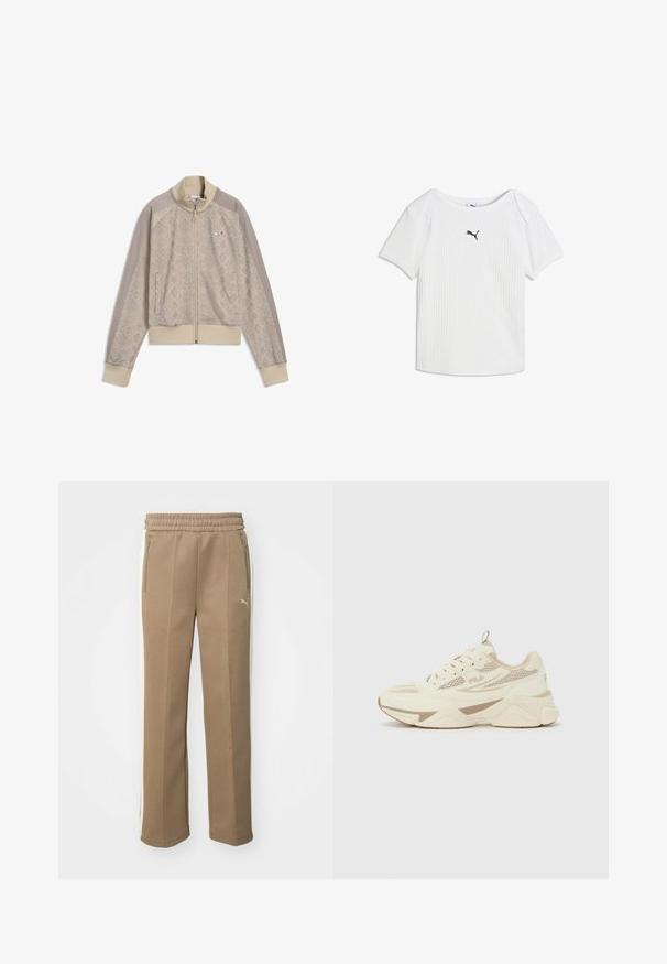 Beige lynlåstrøje med slangeskinds mønster, ensfarvede ærmer, ribstrikkede manchetter og kant og et lille Puma-logo på brystet.; Hvid ribstrikket T-shirt med korte ærmer, rund halsudskæring og et lille sort Puma-logo i midten af brystet.; Brune sweats i blødt stof med en hvid sidelinning, elastisk talje og lynlåslommer på begge sider.; Cremefarvet og beige FILA sneaker med mesh-paneler, kraftig sål og snørebåndsdesign, vist fra siden på en ensfarvet baggrund.