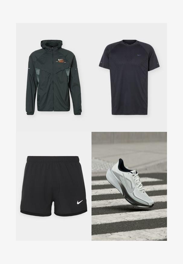 Veste légère noire à capuche avec fermeture éclair complète sur le devant, panneaux latéraux réfléchissants à motifs et petit logo Nike orange et blanc sur la poitrine.; T-shirt de sport noir à manches courtes avec un motif subtil et un petit logo Nike Swoosh bleu sur la poitrine et les manches, affiché sur un fond uni.; Shorts de sport noirs en tissu léger. Dotés d'une taille élastique et de détails perforés. Inclus un logo Nike blanc sur le côté.; Chaussure de running Nike blanche et grise avec lacets en l'air au-dessus d'un passage piéton sur l'asphalte, affichant un mouvement dynamique et des détails de design.