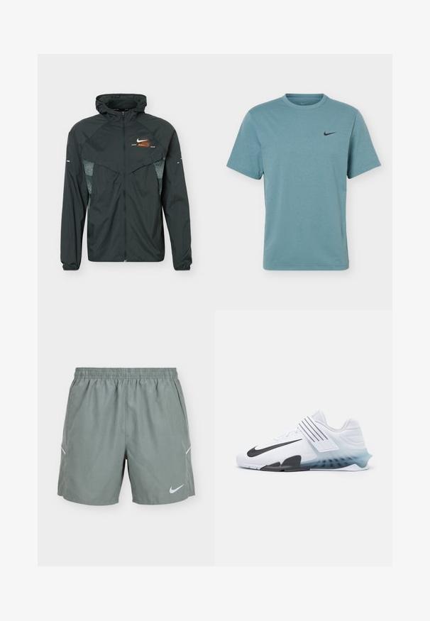 Veste légère noire à capuche avec fermeture éclair complète sur le devant, panneaux latéraux réfléchissants à motifs et petit logo Nike orange et blanc sur la poitrine.; T-shirt Nike bleu clair à manches courtes avec col rond et petit logo Nike swoosh noir sur le côté gauche de la poitrine.; Short de sport gris clair avec taille élastique, panneaux de ventilation latéraux et logo Nike blanc sur la partie inférieure de la jambe droite.; Baskets blanches avec le swoosh noir de Nike, tige en maille, trois rayures noires et une semelle dégradée allant du bleu au transparent. Présente des accents renforcés.