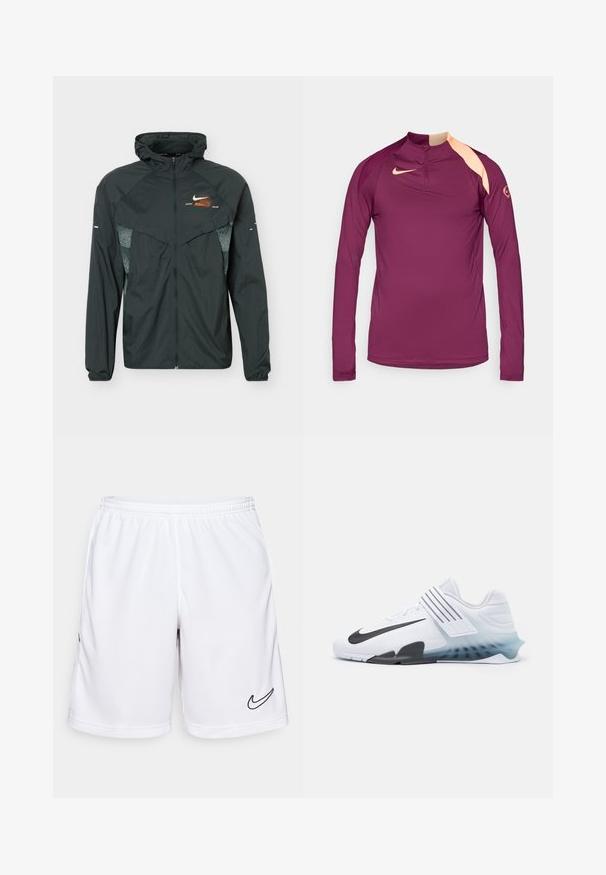 Zwarte lichtgewicht jas met capuchon, volledige voorrits, reflecterende patroon zijpanelen en klein oranje-wit Nike-logo op de borst.; Langsleeve sportshirt in donkerpaars met een hoge kraag, voorzien van een perzikkleurig accent op de schouder en een klein logo op de mouw.; Witte sportshorts gemaakt van vochtregulerende stof, met een elastische tailleband en een zwart Nike-logo aan de linkerkant.; Witte sportieve schoen met zwarte Nike swoosh, bovenwerk van mesh, drie zwarte strepen en een verloopsole van blauw naar transparant. Voorzien van versterkte accenten.