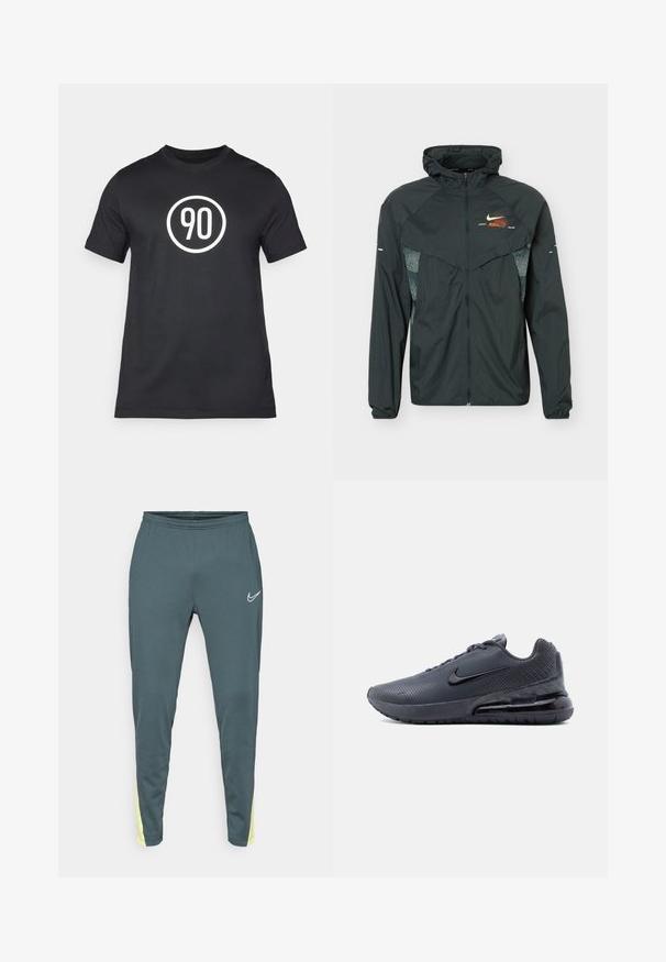 Veste légère noire à capuche avec fermeture éclair complète sur le devant, panneaux latéraux réfléchissants à motifs et petit logo Nike orange et blanc sur la poitrine.; T-shirt en coton noir avec un graphique circulaire blanc portant le numéro "90" au centre. Design classique avec col rond et manches courtes.; Pants de sport en teal foncé avec une taille élastique, des jambes fuselées et de vives accents jaunes sur les côtés. Présente un logo blanc à l'avant.; Baskets Nike Air Max gris foncé avec un swoosh noir, semelle à coussin d'air visible et tige texturée, vues de profil gauche sur fond blanc.