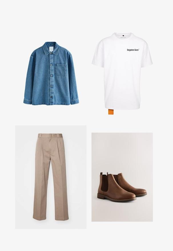 Blaues Denim-Hemd mit klassischem Kragen, vorderer Knopfleiste, Tasche auf der linken Brust und langen Ärmeln mit knöpfbaren Manschetten.; Weißes Baumwoll-T-Shirt mit kurzen Ärmeln, das ein kleines schwarzes Logo auf der Brust und einen kontrastierenden orangefarbenen Aufnäher am Saum aufweist.; Beige, hoch taillierte Hosen mit weit geschnittenem Design. Verfügbar mit zwei Vorderfalten und einer glatten Textur. Standardlänge mit einem sauberen Finish.; Braune Chelsea-Stiefel aus Leder mit elastischen Seitenteilen, abgerundeter Zehenpartie, niedrigem gestapeltem Absatz und Ziernähten entlang der Sohle.