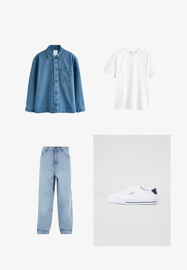 Blaues Denim-Hemd mit klassischem Kragen, vorderer Knopfleiste, Tasche auf der linken Brust und langen Ärmeln mit knöpfbaren Manschetten.; Schlichtes weißes Kurzarm-T-Shirt mit Rundhalsausschnitt und kleinem Markenlabel innen im Kragen.; Helles, blaues Denim-Jeans mit lockerer Passform, hoher Taille und fünf Taschen. Mit Gürtelschlaufen und Knopfverschluss. Glatte Textur.; Weiße Canvas-Sneaker mit navyblauem Fersenakzent, flacher Gummisohle, runder Zehenpartie und weißen Schnürsenkeln. Mit Logo an der Seite.