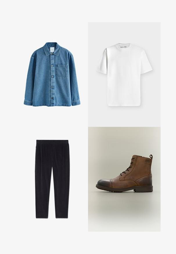 Camisa de mezclilla azul con cuello estándar, cierre delantero de botones, bolsillo en el lado izquierdo del pecho y mangas largas con puños abotonados.; Camiseta blanca lisa de manga corta y cuello redondo, colocada extendida sobre un fondo gris claro con una pequeña etiqueta de marca dentro del cuello.; Pantalones de pana negros con cintura elástica y bolsillos laterales, mostrados extendidos sobre un fondo blanco.; Bota de cuero marrón con cordones hasta el tobillo, puntera negra, suela redonda y detalle de marca en el lateral sobre un fondo liso.