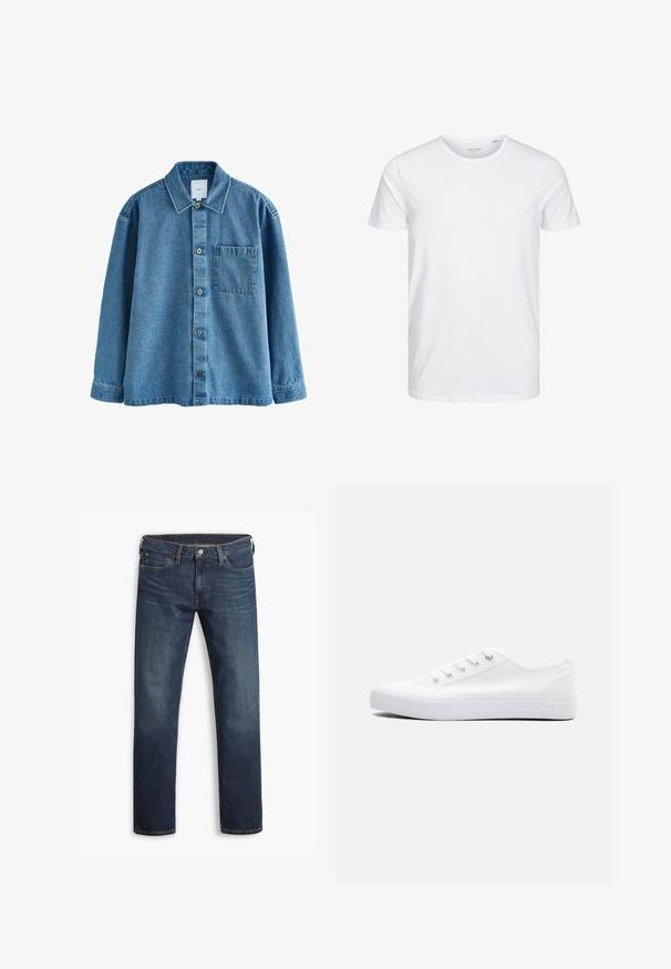 Blå denimskjorte med standardkrave, frontlukning med knapper, lomme på venstre bryst og lange ærmer med knapmanchetter.; Rundhals kortærmet t-shirt i ensfarvet hvid, lavet af blød bomuld, har et simpelt design uden synlige mønstre eller detaljer.; Herre mørkeblå jeans med lige ben, fem lommer og knaplukning, vist fladt mod en hvid baggrund.; Lavtop hvid lærredsneaker med hvide snørebånd, gummisål og metaløjer, vist fra ydersiden på en ensfarvet baggrund.