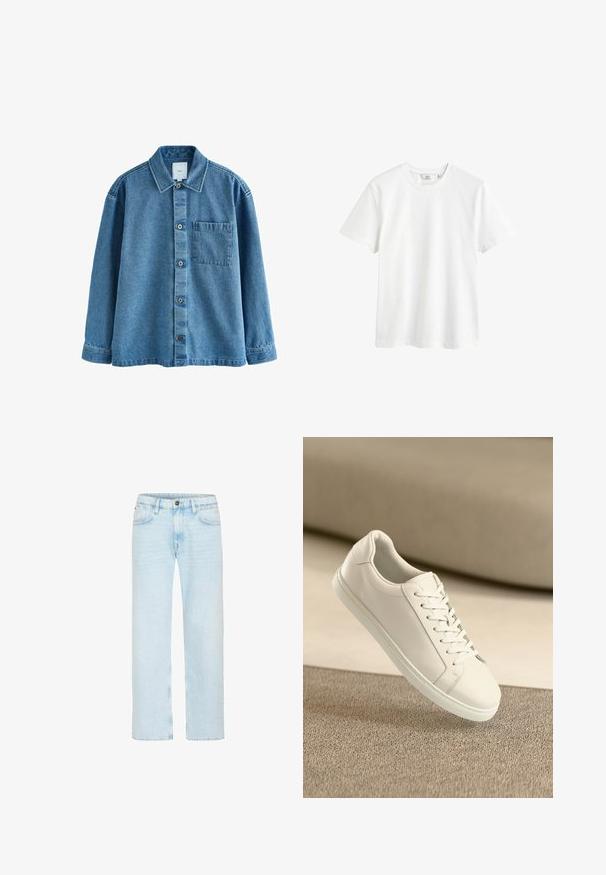 Blauwe denim overhemd met een standaard kraag, knoopsluiting aan de voorkant, zak op de linkerborst en lange mouwen met knoopmanchetten.; Witte katoenen t-shirt met een ronde hals, korte mouwen en een ontspannen pasvorm. Gladde textuur en geen zichtbare patronen of accenten.; Lichtblauwe jeans met rechte pijpen, knoop en rits aan de voorkant, riemlussen en voorzakken op een witte achtergrond.; Witte leren sneaker met witte veters, weergegeven op een beige textuurovervlak en een zacht vervaagd achtergrond.