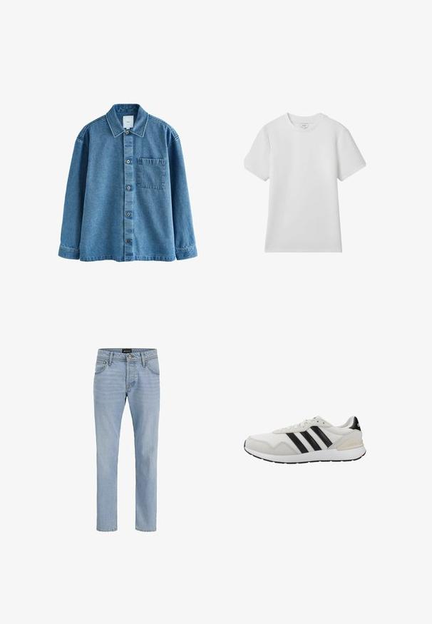 Blaues Denim-Hemd mit klassischem Kragen, vorderer Knopfleiste, Tasche auf der linken Brust und langen Ärmeln mit knöpfbaren Manschetten.; Weißes T-Shirt mit kurzen Ärmeln aus Baumwolle, mit Rundhalsausschnitt und lockerer Passform, ohne sichtbare Muster oder Akzente.; Helle blaue Denim-Jeans mit schlankem Schnitt, Fünf-Taschen-Design, subtiler verblasster Textur und Metallbeschlägen am Reißverschluss und der Knopfleiste.; Weiße Sportschuhe mit schwarzen Streifen. Hergestellt aus Mesh und Wildleder, mit Gummisohle und gepolstertem Kragen für Komfort. Klassisches Design.