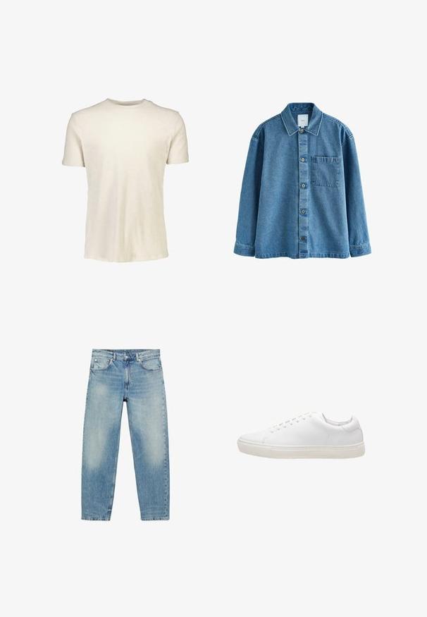 Blå denimskjorte med standardkrave, frontlukning med knapper, lomme på venstre bryst og lange ærmer med knapmanchetter.; Kortærmet T-shirt i lyse beige, lavet af blødt bomuld. Har en rund halsudskæring og en glat tekstur uden mønstre eller grafik.; Blå straight-leg denim jeans med forlommer og bæltestropper, der viser let falmede detaljer på lår og knæ.; Hvide lædersneakers med en glat overflade, rund tå, snørebåndslukning og flad gummisål. Minimalistisk design uden synlige mønstre.