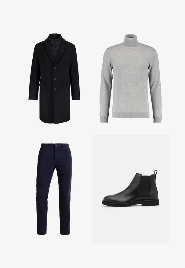 Sort frakke med notch-krave, knaplukning foran, to forlommer og vatteret inderfor. Designet er skræddersyet med en lige silhuet.; Lys grå turtleneck sweater lavet af blødt stof, med lange ærmer, ribbede manchetter og krave, med en glat tekstur og klassisk snit.; Navyblå chinos lavet af en bomuldsblanding, med en lige ben-design, foran lommer, en lynlås lukning og en enkelt knap i taljen.; Sorte læder Chelsea støvler med elastiske sidepaneler og en træksløjfe. Rund tå og flad gummisål, der fremviser en glat finish.