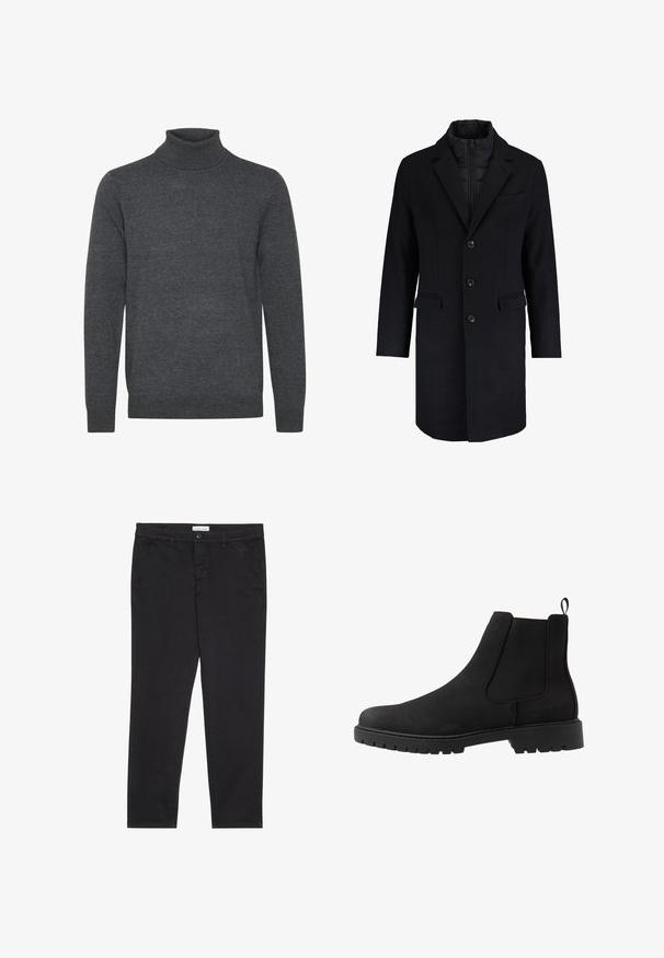 Manteau noir avec un col cranté, fermeture à boutons, deux poches avant et une doublure intérieure matelassée. Le design est ajusté avec une silhouette droite.; Pull en col roulé gris en tissu tricoté doux. Il dispose d'un col et de poignets côtelés, de manches longues et d'un design simple, sans embellissement.; Pantalon en coton noir à coupe slim, avec deux poches latérales et une fermeture à bouton à l'avant. Tissu texturé avec des détails subtils.; Pier One by Zalando UNISEX - Bottines - black