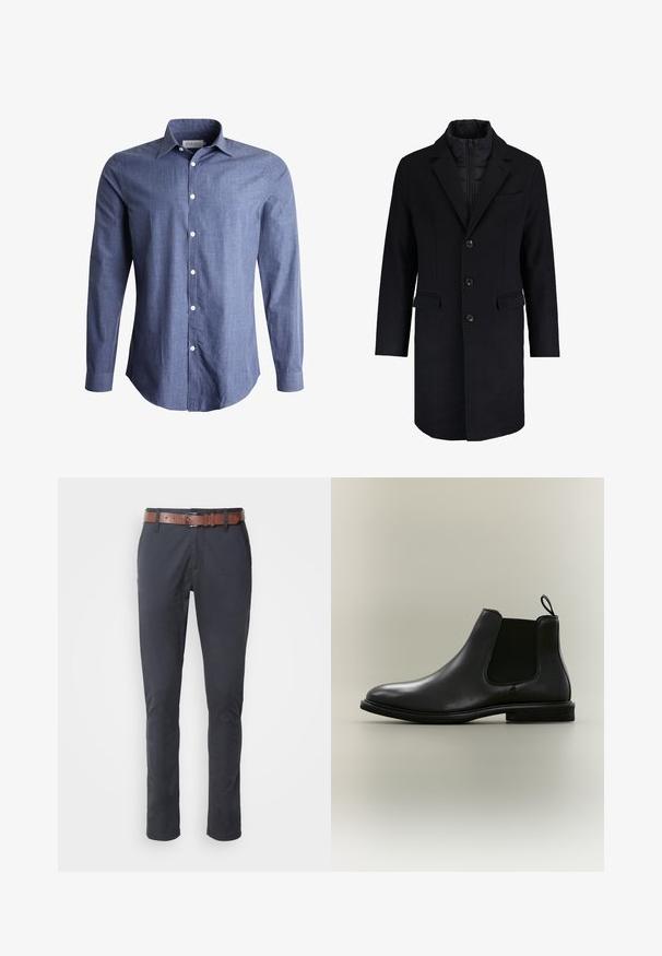 Manteau noir avec un col cranté, fermeture à boutons, deux poches avant et une doublure intérieure matelassée. Le design est ajusté avec une silhouette droite.; Chemise à manches longues bleue en tissu léger, avec un col classique, un devant à boutons et des boutons blancs. Texture lisse, design polyvalent.; Pantalon bleu marine slim, fabriqué en tissu mélangé de coton, doté d'une ceinture en cuir marron et de détails subtils sur les poches avant.; Botte Chelsea en cuir noir avec panneau latéral élastique, languette à l'arrière, semelle plate et bout arrondi, présentée sur un fond gris clair.