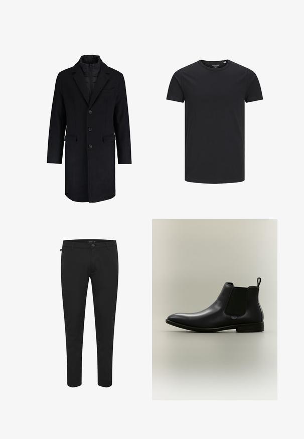 Sort frakke med notch-krave, knaplukning foran, to forlommer og vatteret inderfor. Designet er skræddersyet med en lige silhuet.; Sort bomulds T-shirt med rund hals, korte ærmer og et enkelt design. Glat tekstur, ingen mønstre eller synligt tilbehør.; Sorte bukser lavet af glat stof. Har en knaplukning, bæltesløjfer og et slim fit-design med tapered ben. Ingen synlige mønstre.; Sort læder Chelsea-støvle med elastiske sidepaneler, trækstrop ved hælen, lav stakket hæl og spids tå på neutral baggrund.