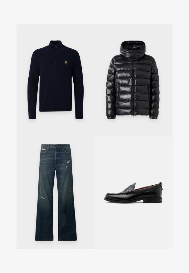 Schwarze, glänzende Daunenjacke mit horizontaler Steppung, Frontreißverschluss, seitlichen Reißverschlusstaschen, verstellbaren Bündchen und hohem Kragen mit Druckknöpfen.; Marineblauer Strickpullover mit hohem Kragen, halbem Reißverschluss und gerippten Bündchen. Hat ein kleines goldenes Logo auf der Brust. Glatte Textur.; Weite Bein, dunkle Jeans aus Denim mit leichter Ausbleichung und beschädigten Stellen. Verfügt über einen Knopfverschluss und ein klassisches fünf Taschen-Design.; Schwarzer Leder-Herrenschuh mit Mokassinnaht, Penny-Riemen, strukturiertem Kragen und niedrigem gestapeltem Absatz auf weißem Hintergrund.
