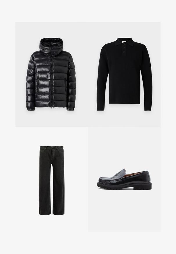 Schwarze, glänzende Daunenjacke mit horizontaler Steppung, Frontreißverschluss, seitlichen Reißverschlusstaschen, verstellbaren Bündchen und hohem Kragen mit Druckknöpfen.; Schwarzes Polohemd mit langen Ärmeln aus weichem Material, mit Kragen, dreiknöpfiger Blende und kleiner Brusttasche.; Schwarze, weit geschnittene Jeans aus Denim mit hoher Taille, im klassischen Fünf-Taschen-Design und subtilem Verblassen für eine strukturierte Optik.; Schwarze Leder-Penny-Loafer mit strapazierfähiger Gummisohle und Mokassin-Stich, seitlich auf einem weißen Hintergrund dargestellt.