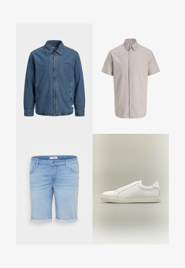 Blå denim lynlåstrøje med krave, lange ærmer, to forlommer og lille sort "Jack & Jones" logo på venstre bryst.; Lyse beige kortærmet skjorte med knapper og spids krave, vist på en hvid baggrund.; Lysblå denimshorts med en let falmet finish, opfoldede bukseben, fem-lommer design og en metalknaplukning.; Hvid lavtop sneaker med snørebånd foran og tyk sål, vist fra siden mod en neutral baggrund.