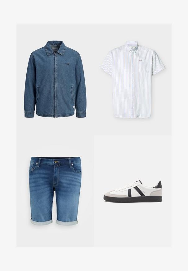 Blå denim lynlåstrøje med krave, lange ærmer, to forlommer og lille sort "Jack & Jones" logo på venstre bryst.; Kortærmet skjorte med knapper, med lodrette blå, beige og hvide striber og en brystlomme broderet med lille tekst.; Denim shorts i mellemblå med en let fading, der har knappelukning, fem lommer og opsmøgte kanter for et afslappet look.; Hvide sneakers med sorte og grå detaljer, med en tekstureret grå tåhætte, sort gummisål og flade hvide snørebånd. Rent design, minimalistisk stil.