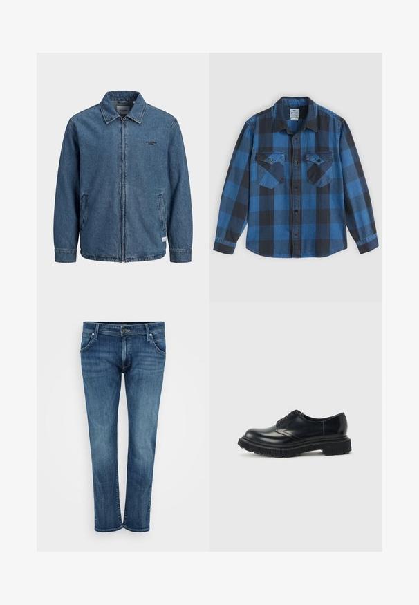 Chaqueta azul de mezclilla con cremallera, cuello, mangas largas, dos bolsillos frontales y pequeño logo negro "Jack & Jones" en el pecho izquierdo.; Camisa de franela a cuadros azul y negra, de manga larga, con botones en la parte delantera, dos bolsillos en el pecho, cuello y una textura suave.; Jeans de denim azul con un diseño de pierna recta, que cuentan con bolsillos frontales, cremallera y un ligero desgaste. Estilo clásico con un acabado de lavado medio.; Zapato negro de cuero con cordones, suela gruesa con ranuras, acabado liso y tacón bajo, mostrado de lado sobre un fondo liso.