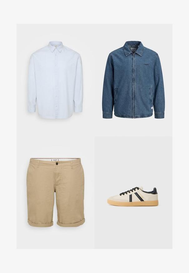 Chaqueta azul de mezclilla con cremallera, cuello, mangas largas, dos bolsillos frontales y pequeño logo negro "Jack & Jones" en el pecho izquierdo.; Camisa de botones de manga larga en azul claro, fabricada en una tela suave, con un cuello clásico y un corte recto, con botones en la parte delantera.; Bermudas de color caqui claro con corte recto, hechas de algodón. Cuentan con un único botón frontal, bolsillos laterales y dobladillos enrollados.; Zapatillas casuales en crema con rayas negras, con parte superior texturizada y suela de goma. Los cordones son negros. Logo sutil en el costado.