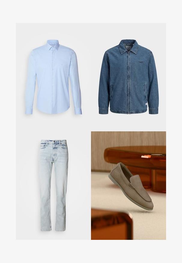 Jeansblaue Reißverschlussjacke mit Kragen, langen Ärmeln, zwei Fronttaschen und kleinem schwarzem "Jack & Jones"-Logo auf der linken Brust.; Hellblaues Button-up-Hemd aus Baumwolle, mit klassischem Kragen, langen Ärmeln und kleinem Logo auf der Brust. Glatte Textur.; Hellblaue Jeans aus Denim mit geradem Schnitt, verwaschener Textur, einem Fünf-Taschen-Design und einem klassischen Knopfverschluss in der Taille.; Beiger Wildleder-Slipper mit sichtbarer Naht und heller Sohle, auf einem cremefarbenen Teppich platziert, mit orange-transparenten Möbeln im Hintergrund.