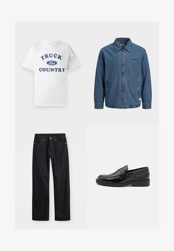 Spijkerblauwe jas met rits en kraag, lange mouwen, twee voorzakken en klein zwart "Jack & Jones" logo op de linkerborst.; Witte katoenen t-shirt met blauwe bedrukte tekst "TRUCK COUNTRY" en een blauw ovale "Ford" logo in het midden. Korte mouwen en ronde hals.; Heren straight-leg zwarte denim jeans met vijf zakken en oranje stiksels, knoop- en ritssluiting op de voorkant van de tailleband.; Zwarte leren instappers met een gladde afwerking, ronde neus, lage hak en decoratieve stiksels aan de voorkant. Rubberen buitenzool voor grip.