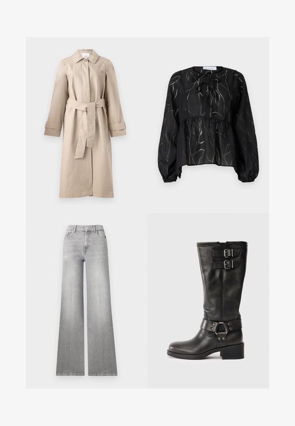 Beige Trenchcoat mit Kragen, Knopfschluss, tailliertem Gürtel und langen Ärmeln mit Bündchendetails. Glattes Material mit minimaler Textur.; Schwarze transparente Bluse mit langen Puffärmeln, die einen Tunnelzug-Ausschnitt und ein strukturiertes Blattmuster in Hellgrau aufweist. Peplum-Silhouette.; Weite graue Denim-Jeans mit einem verwaschenen Finish, Vordertasche und Knopfverschluss. Sie verfügen über ein gerades Bein und einen klassischen Saum.; Schwarze Lederstiefel bis zur Mitte der Wade mit zwei silbernen Schnallen oben und einem dekorativen Riemen mit einem Metallring um den Knöchel, Blockabsatz.