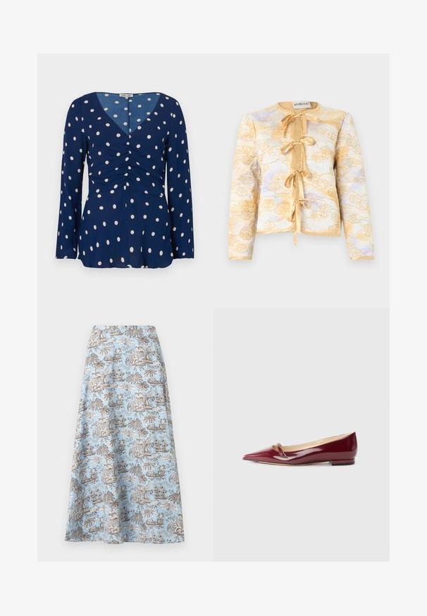Veste matelassée à manches longues avec broderie florale jaune, quatre liens en ruban de satin sur le devant et encolure ronde.; Blouse bleu marine à manches longues, ornée de pois blancs, avec un col en V et un détail froncé à l'avant. Tissu lisse avec un design fluide.; Jupe trapèze bleu clair avec imprimé tropical de palmiers et de fleurs marron et blanc, longueur genou, avec une ceinture lisse.; Ballerines en cuir verni bordeaux avec un bout pointu, présentant un petit détail découpé et un petit talon. Texture lisse et design épuré.