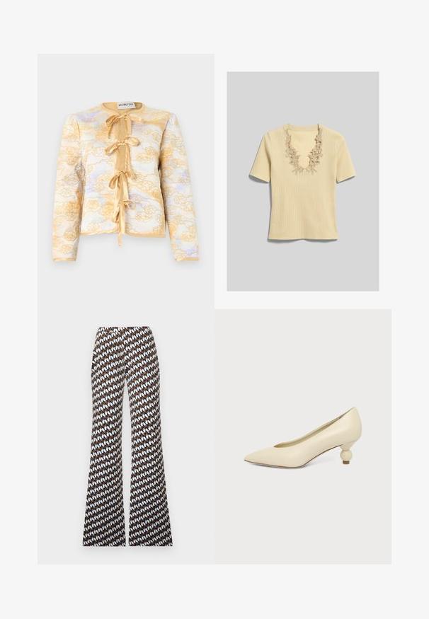 Veste matelassée à manches longues avec broderie florale jaune, quatre liens en ruban de satin sur le devant et encolure ronde.; Haut en maille côtelée crème à manches courtes avec un profond décolleté en V orné de détails en dentelle florale.; Pantalon large à motifs marron, blanc et bleu avec un design ovale répété et une taille plate à l'avant sur un fond uni.; Chaussure femme couleur crème à bout pointu avec un petit talon rond en forme de boule, sur fond uni.