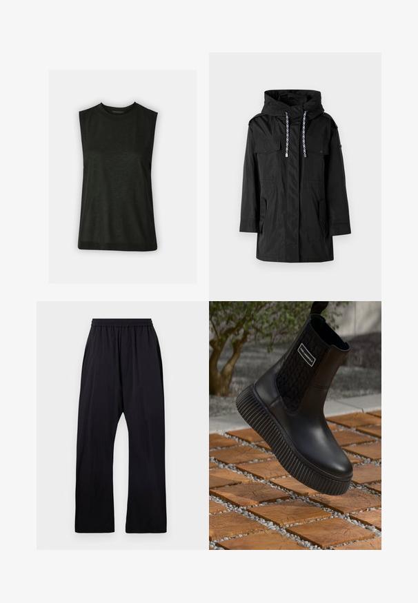 Sort vandtæt parka-jakke med hætte, der har to forlommer, justerbare snore og et lige snit.; Sort, ærmeløs top lavet af blødt stof med en rund halsudskæring og en afslappet pasform. Simpelt design uden synlige mønstre eller hardware.; Sort løstsiddende bukser med elastisk talje og lige ben, designet til afslappet eller behageligt brug.; Sorte gummistøvler til anklerne med et struktureret elastikpanel, en tyk ribbet sål og et logo-label. Placeret over en murstenssti med småsten.